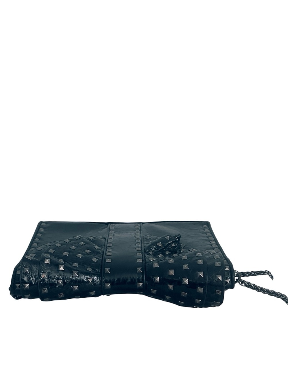 INZI Patent Leather Studded Ruffle Bow Chain Strap Crossbody Shoulder Bag Black - Picture 6 of 14